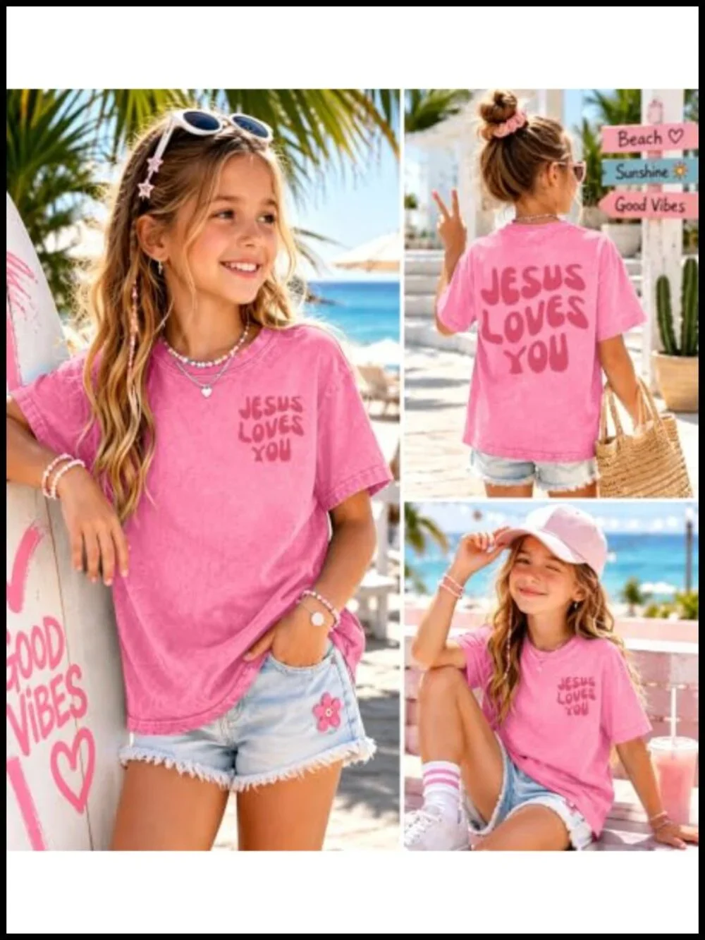 Girls Vintage Jesus Loves You Graphic Tee Christian Shirt